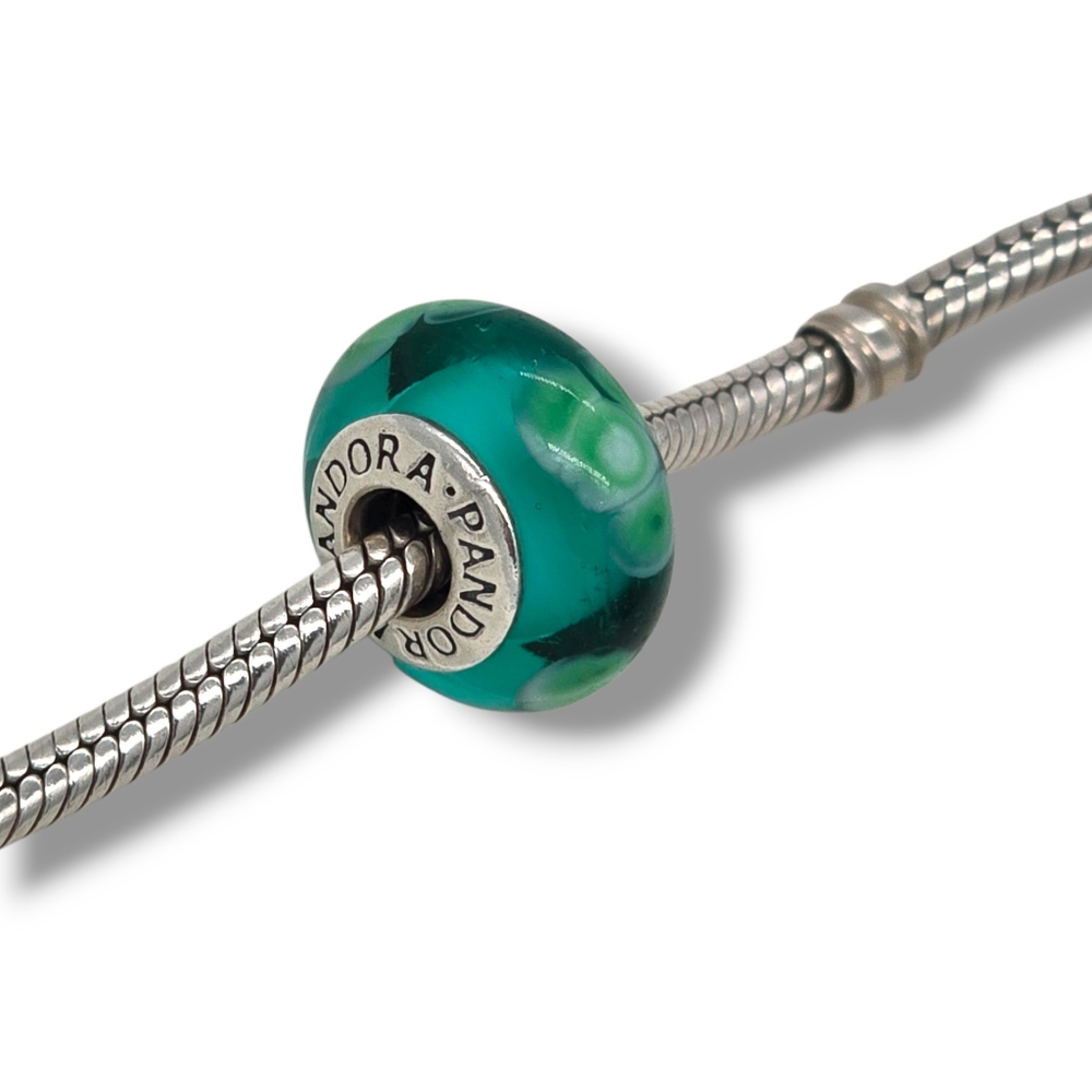 PANDORA Flowers For You Turquoise Green Murano Glass Bead Charm Retired - Picture 14 of 16